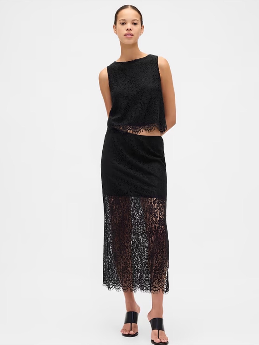 GAP Black Lace Maxi Skirt with Sheer Panel and Side Slit Fits L-XL